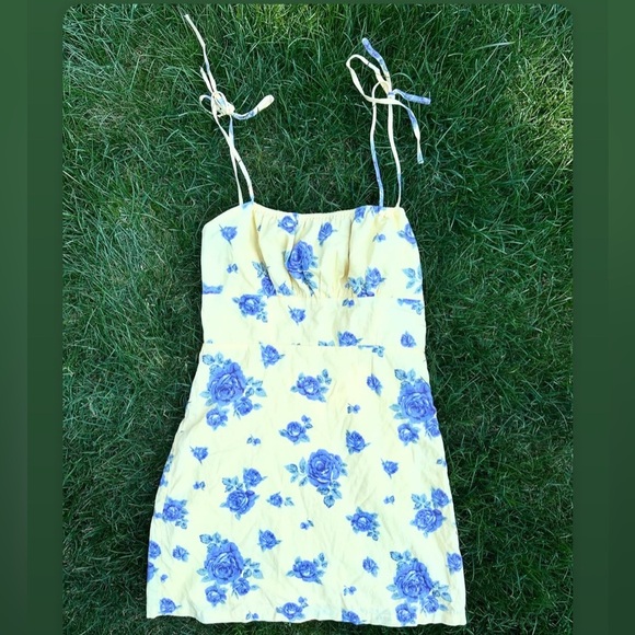 Yellow Dress Mini Dress with Blue Floral Print & Self Tie Shoulder Straps - Picture 1 of 1